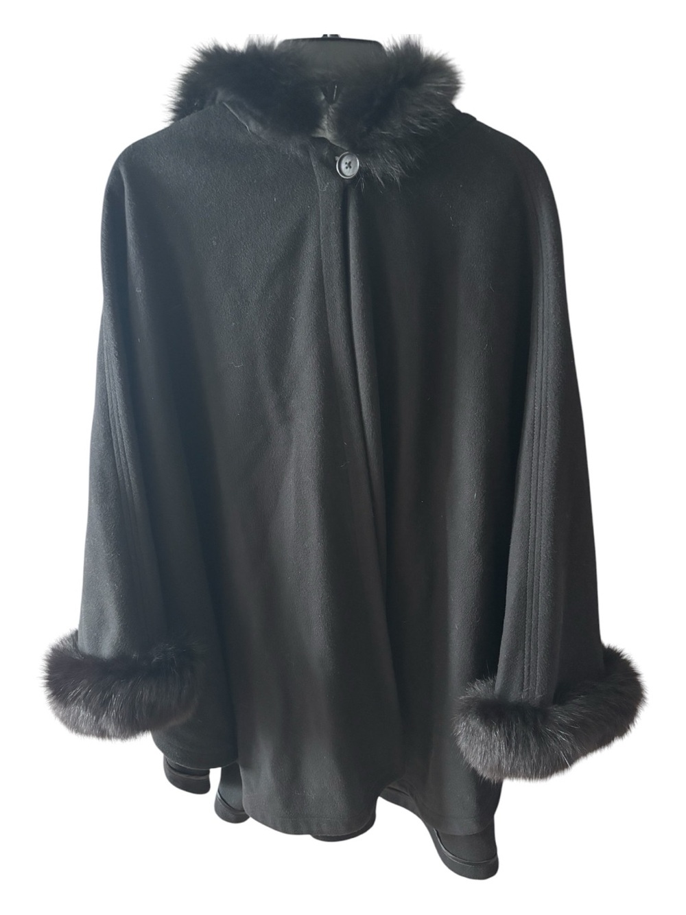 St. John Black Wool Blend Cape Coat with Fox Fur Trim Hood EUC